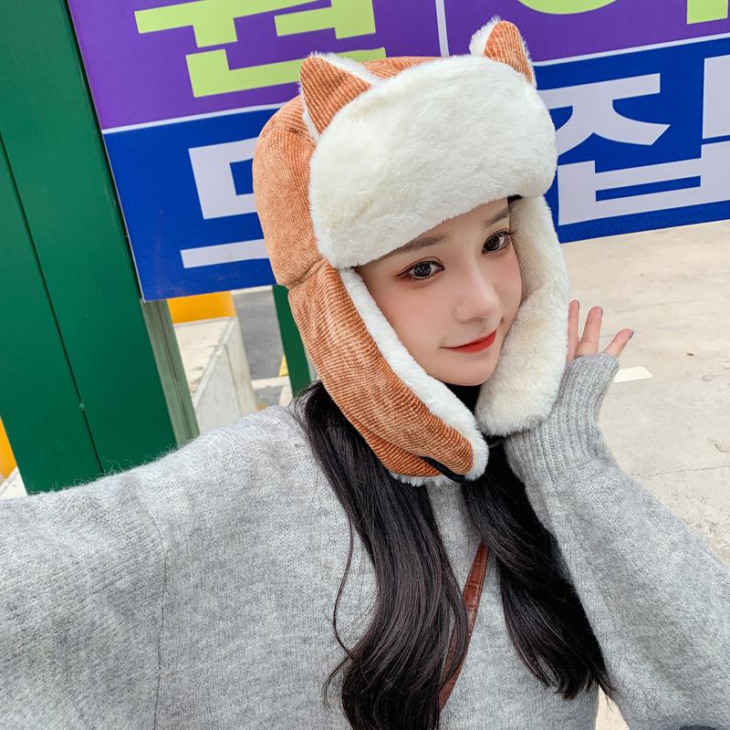 

Berets Winter Women Fur Warm Windproof Cap Lei Feng Cute Cat Ears Lady Bomber Faux Ear Flap Ski Anti Snow Thermal Thick Hat, Black