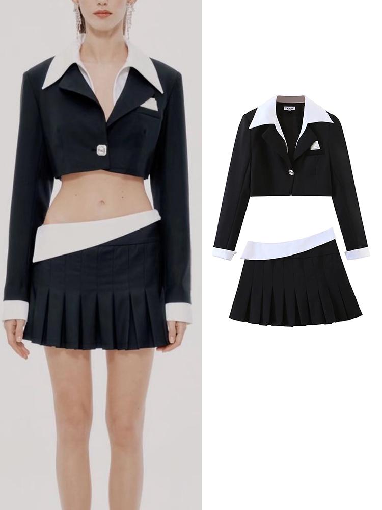 

Women' Tracksuits Yiloyka 2Pcs Women Patchwork Blazer Suits 2022 Turn Down Collar Sexy Jacket Asymmetrical Shorts Single Button Long Sleeve, Jacket short
