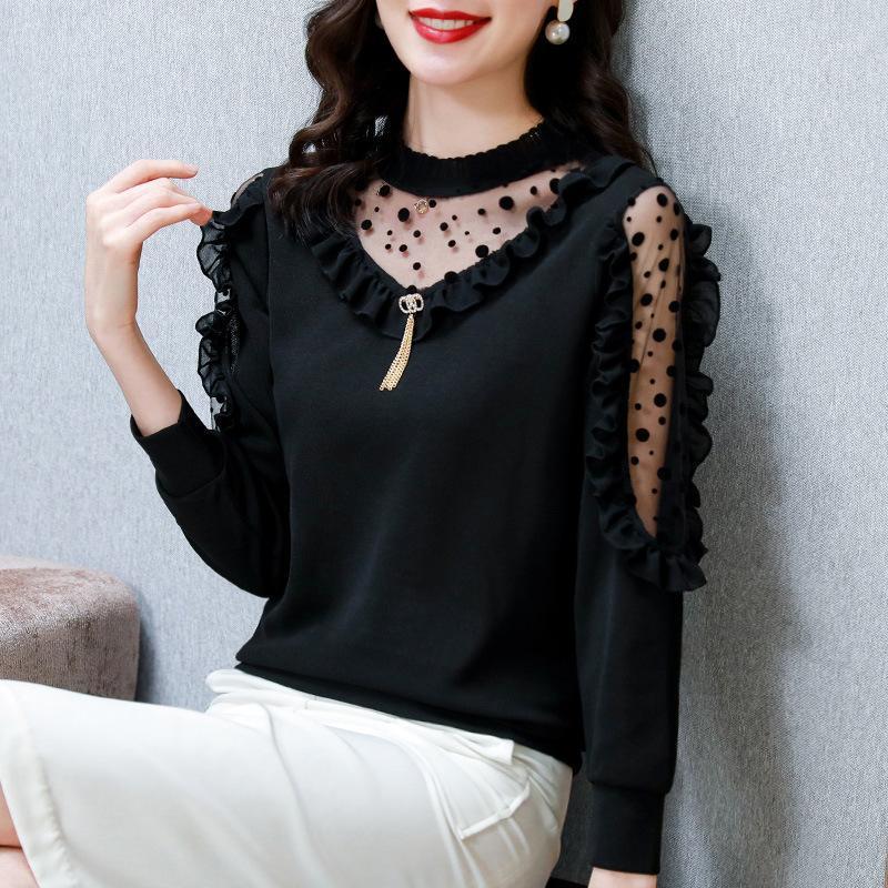 

Women's Blouses & Shirts Spring Fashion Mesh Stitching Knitted Bottoming Shirt Long-sleeved Loose Top