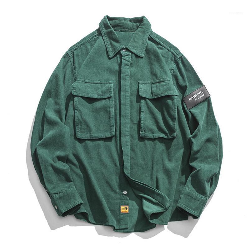 

Corduroy Shirt Coats Men Vintage Patchwork Loose Long Sleeve Coat Harajuku Streetwear Button Cotton Men's Casual Shirts, Green