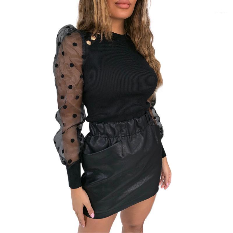 

Women' Sheer Mesh See-through Blouse Fashion Elegant Slim Polka Dot Puff Long Sleeve Tops Shirt Turtleneck Fall Blouses & Shirts