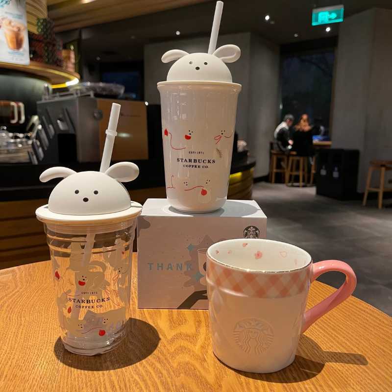 Starbucks South Korea Japan new cherry blossom cute puppy white glass mark coffee straw cup with cover-image-759366431