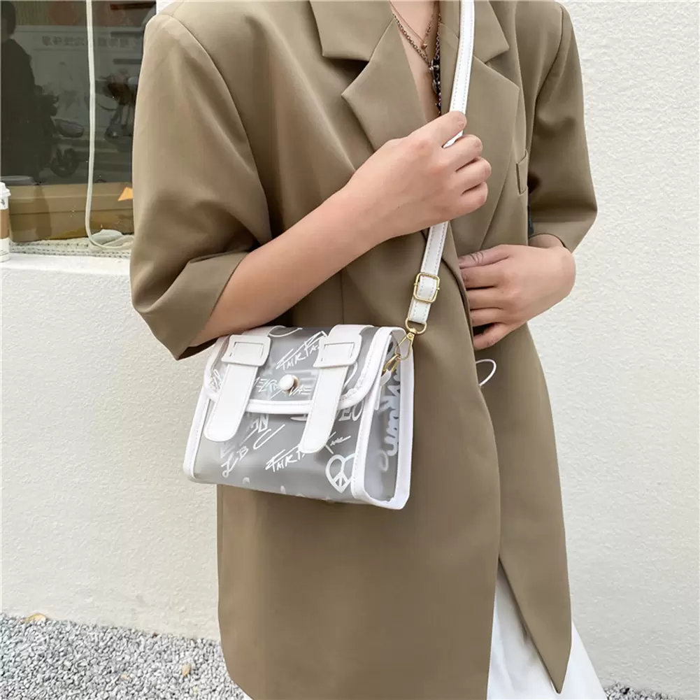 

Fashion Women Transparent PU Leather PVC Patchwork Shoulder Crossbody Bags Casual Ladies Letters Printing Small Messenger Bags, Sky blue