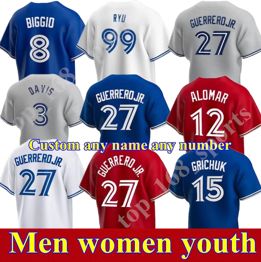 

New Men Women Youth kids Jersey VLADIMIR GUERRERO JR. CAVAN BIGGIO HYUN-JIN RYU YAMAGUCHI RANDAL TORONTO GRICHUK DRURY HERNANDEZ BLUE JAYS GEORGE SPRINGER jerseys, As pic