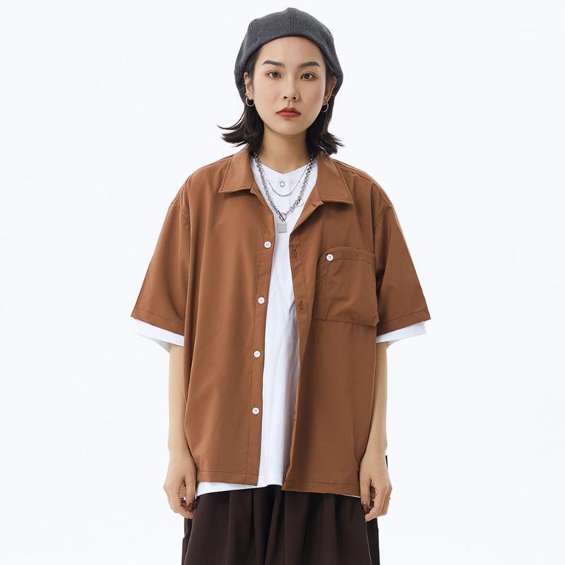 

Short Sleeve Pocket Cuban Shirt Mens Summer Amekaji Casual Solid Color Lapel Shirts Loose Half-Sleeve Men Men's, White