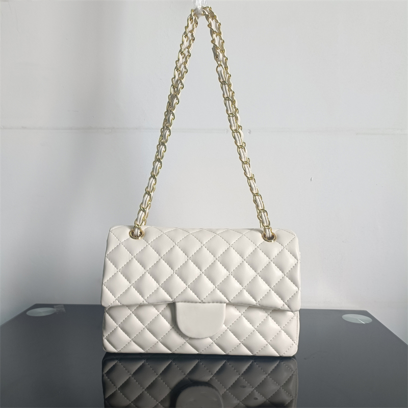 LY Pearly White Classic Double Flap Rectangle 25cm Bags Quilted Silver/Gold Metal Matelasse Chain Crossbody Shoulder Luxury Designer Sacoche Handbag
