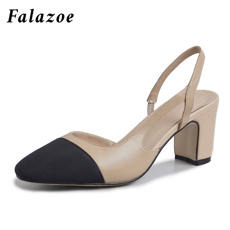 

Falazoe Slingbacks Heels Women Genuine Leather Cap Toe Chunky Heel Pumps Nude Brand Luxury Design Heeled Flats Plus Size 42 220509, Black 2