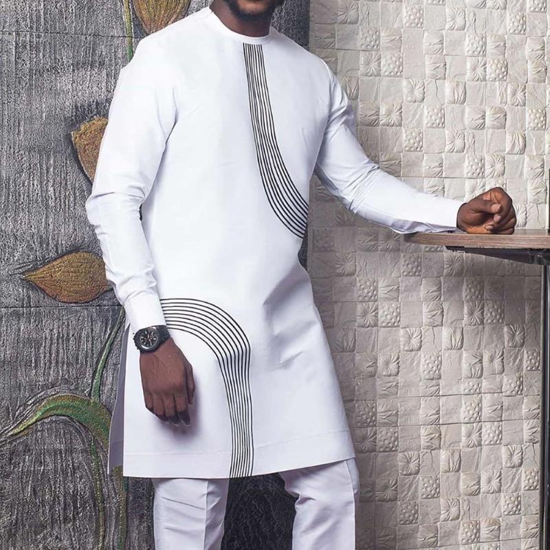 

Men' T-Shirts Mid-length Shirt T-shirt Youth Casual Slim-fit Collarless T Shirts Men Spring And Autumn Tops Tees O-Neck African Clothes O-n, White