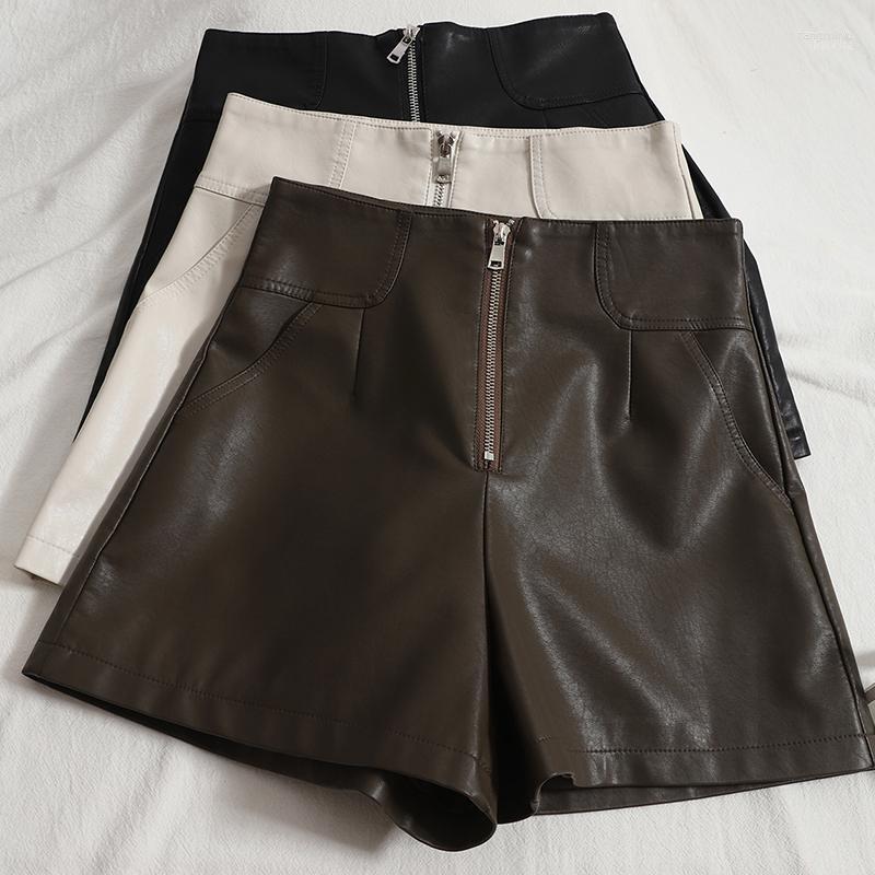 

Women' Shorts Faux Leather For Women High Waisted Wide Leg Front Zipper PU Fall Winter Booty Ropa Para Mujer Black Beige