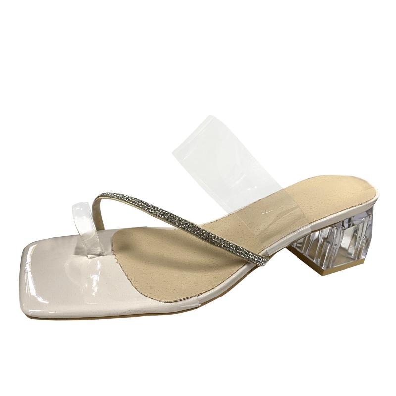 

Sandals Shoes Women Dressy Ladies Fashion Rhinestones Thin Strap Combination Leather Toe Chunky High Heel SandalsSandals, Beige