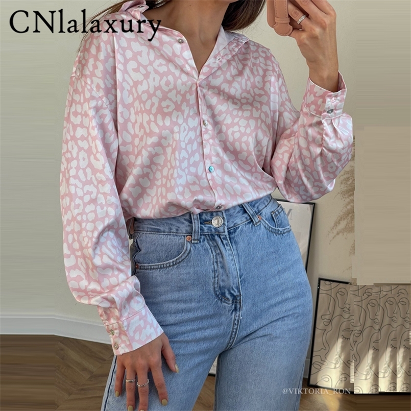 

CNlalaxury Fashion Leopard Satin Print Loose Blouses Women Vintage Long Sleeve Button-up Female Shirts Blusas Chic Tops 220407, Rice white