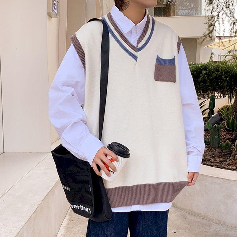 

Men's Vests Autumn V-neck Sweater Vest Fashion Hit Color Casual Pocket Men Korean Loose Sleeveless Mens Clothes Phin22, Khaki