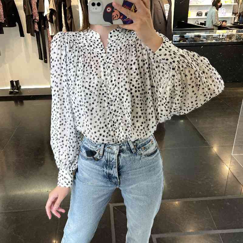 Polos Femmes Français TK Automne Imprimé Polka Dot Lanterne À Manches Longues Chemise Lâche Femmes