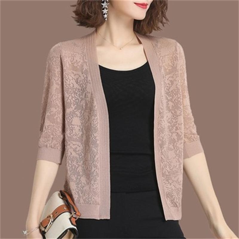 

Women's Knits & Tees Plus Size 5XL Cardigan Coat Women Solid Colors Half-Sleeve Short Knitted Jacket Summer V-Neck Sweater H605, White