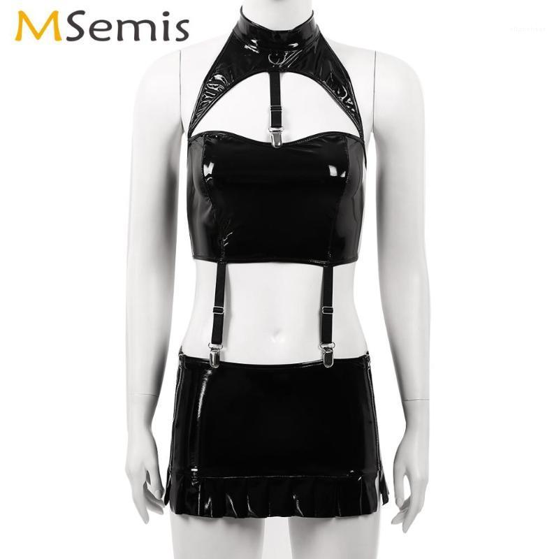 

Women' Panties Women Erotic Latex Mini Skirt With Halter Cutout Crop Top Clubwear Rave Patent Leather Outfit Sexy Wet Look Bodycon Lingerie, Black