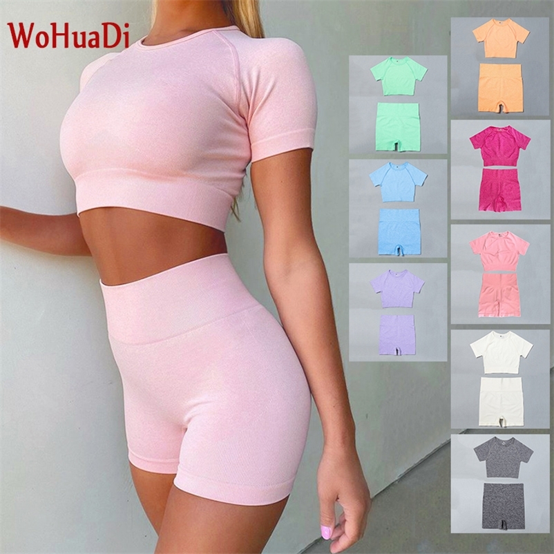 

WOHUADI Summer Seamless Yoga Set Women  Clothing 2Piece Sport Crop Top T Shirt Shorts Leggings Push Up Fitness Workout Gym Suit 220616, Gray shorts