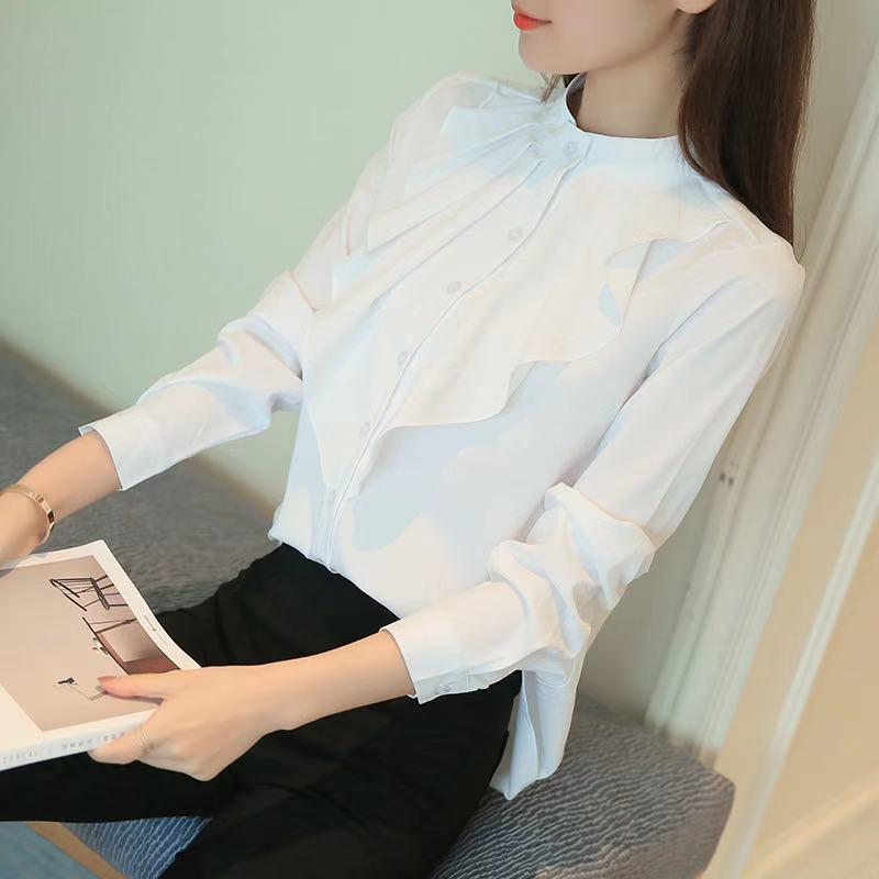 

Women' Blouses & Shirts Lady White Blouse Elegant Office Solid Chiffon Ruffled Stand Collar Slim Blusas Women Casual Long Sleeve Tops