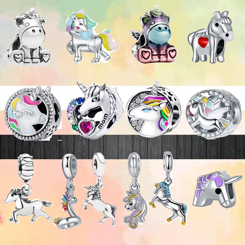 925 Sterling Silver Dangle Charm New Colorful Unicorn Shape Round Beads Bead Fit Pandora Charms Bracelet DIY Jewelry Accessories