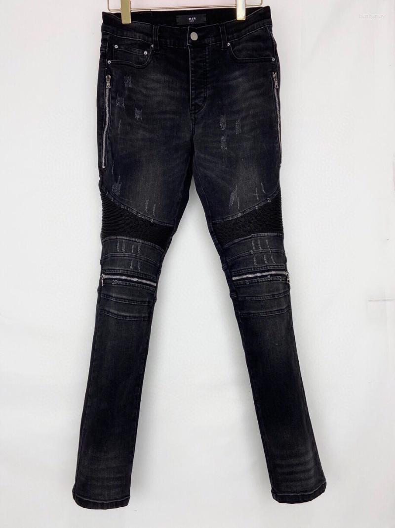 

Men's Jeans Quality AMR Knee Wrinkle Men Women Basic Motorcycle Distressed Denim TrousersMen's Bert22, Black