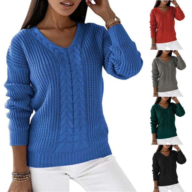 

Women' Sweaters Autumn And Winter European American Fashion V-neck Solid Color Twist Casual Knitted Pullover Women' Sweater TrendWomen, Green