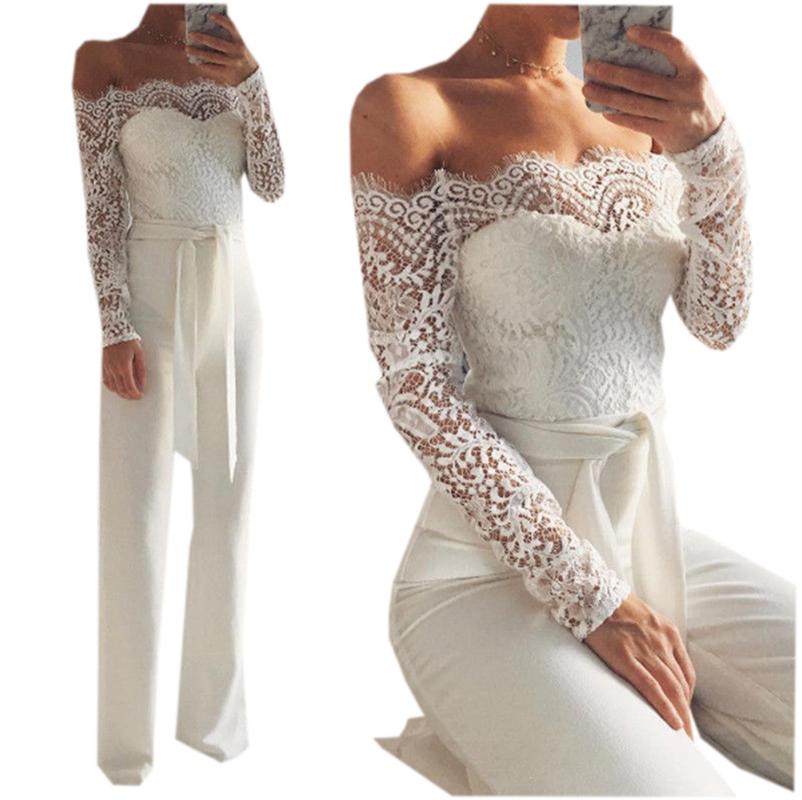 

Women' Jumpsuits & Rompers Fashion Women Ladies Long Sleeve Off Shoulder Lace Jumpsuit Romper Slimming Sexy PlaysuitWomen, White