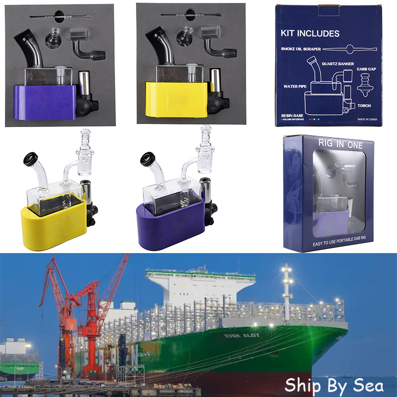 

Ship By Sea Rig In One Hookahs Yellow Purple Water Glass Bongs Smoking Accessories Dab Oil Rigs With Box Packaging Torch Banger Carb Cap WP2235
