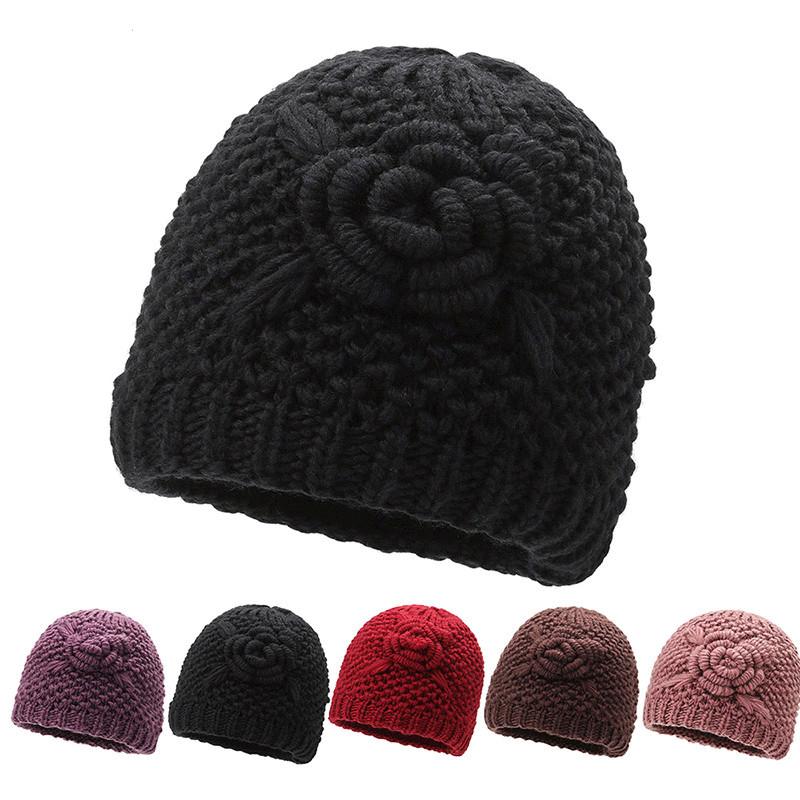 

Beanie/Skull Caps Women Warm Flower Beanie Cap Hat Lady Autumn Winter Thick Knitted MOM Grandmother For WomenBeanie/Skull, Black