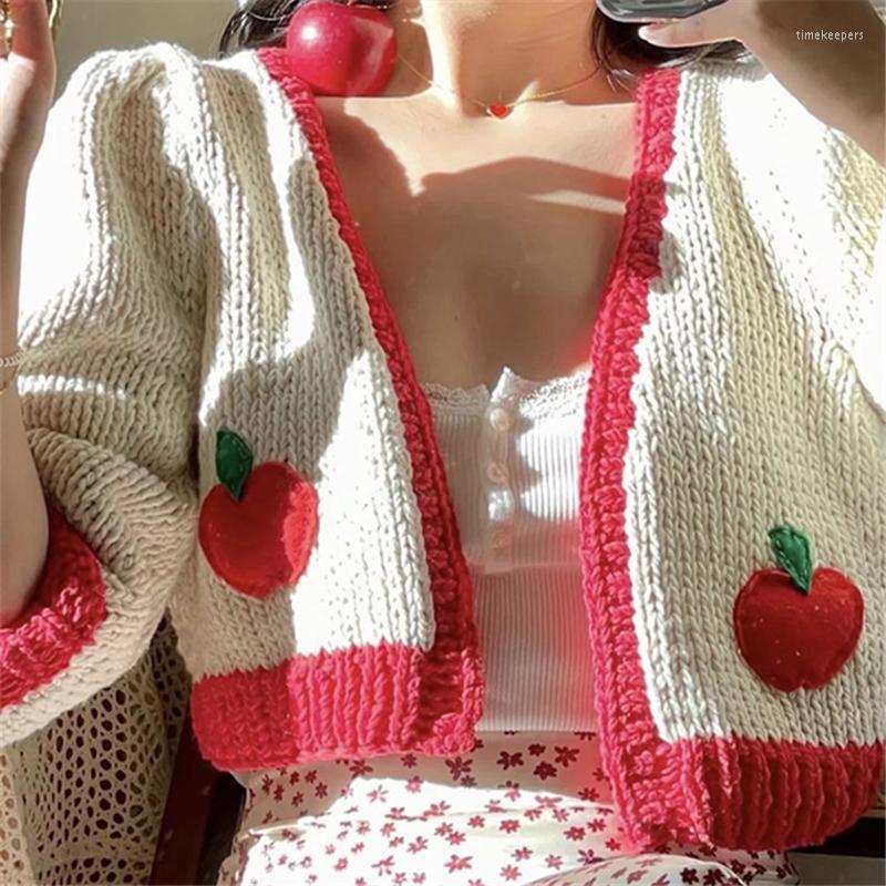 

Women's Knits & Tees Vintage Knit Embroidery Oversize Cropped Cardigans Top Women Autumn Winter Long Sleeve Loose Sweater Jumpers V Neck Gir