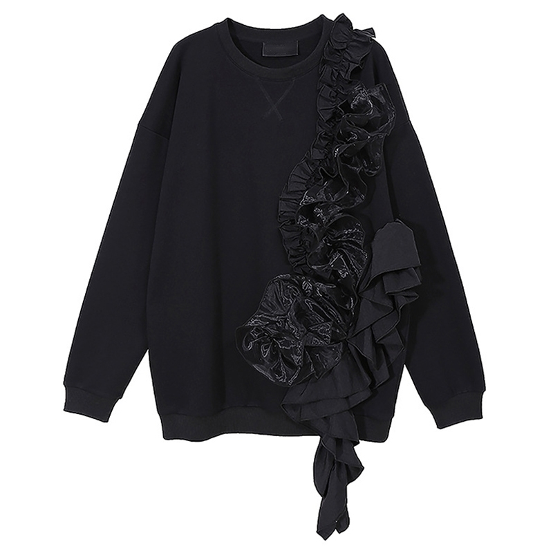 

EAM Loose Fit Gray Ruffles Irregular Sweatshirt Round Neck Long Sleeve Women Big Size Fashion Spring Autumn 1DD0106 201202