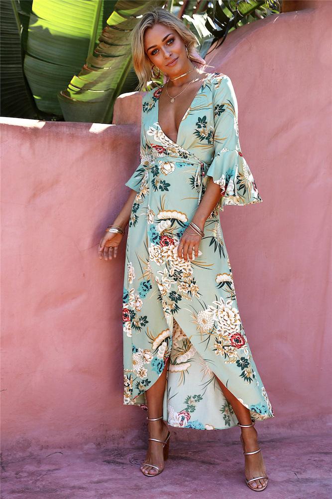 Robes décontractées Femmes Impression Longue Robe Maxi Col V-Cou Pétale Manches Robes De Plage Longueur Irrégulière Wrap Floral Vacances RobesCas