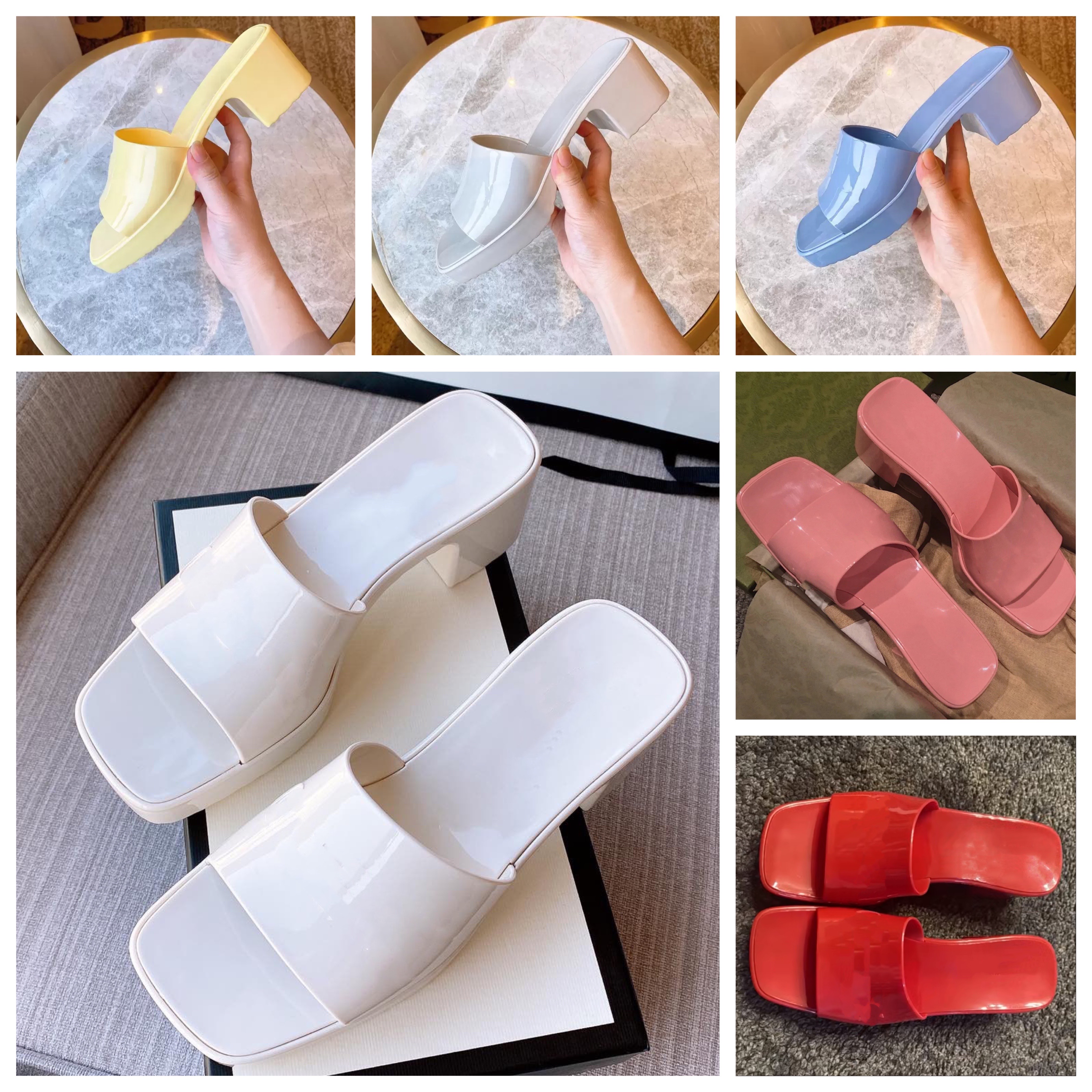 

Designer Women Chunky Sandals Rubber Slippers Lady Fruit Colors Lady Summer Square head shoes Mules Size 35-41, Additional box