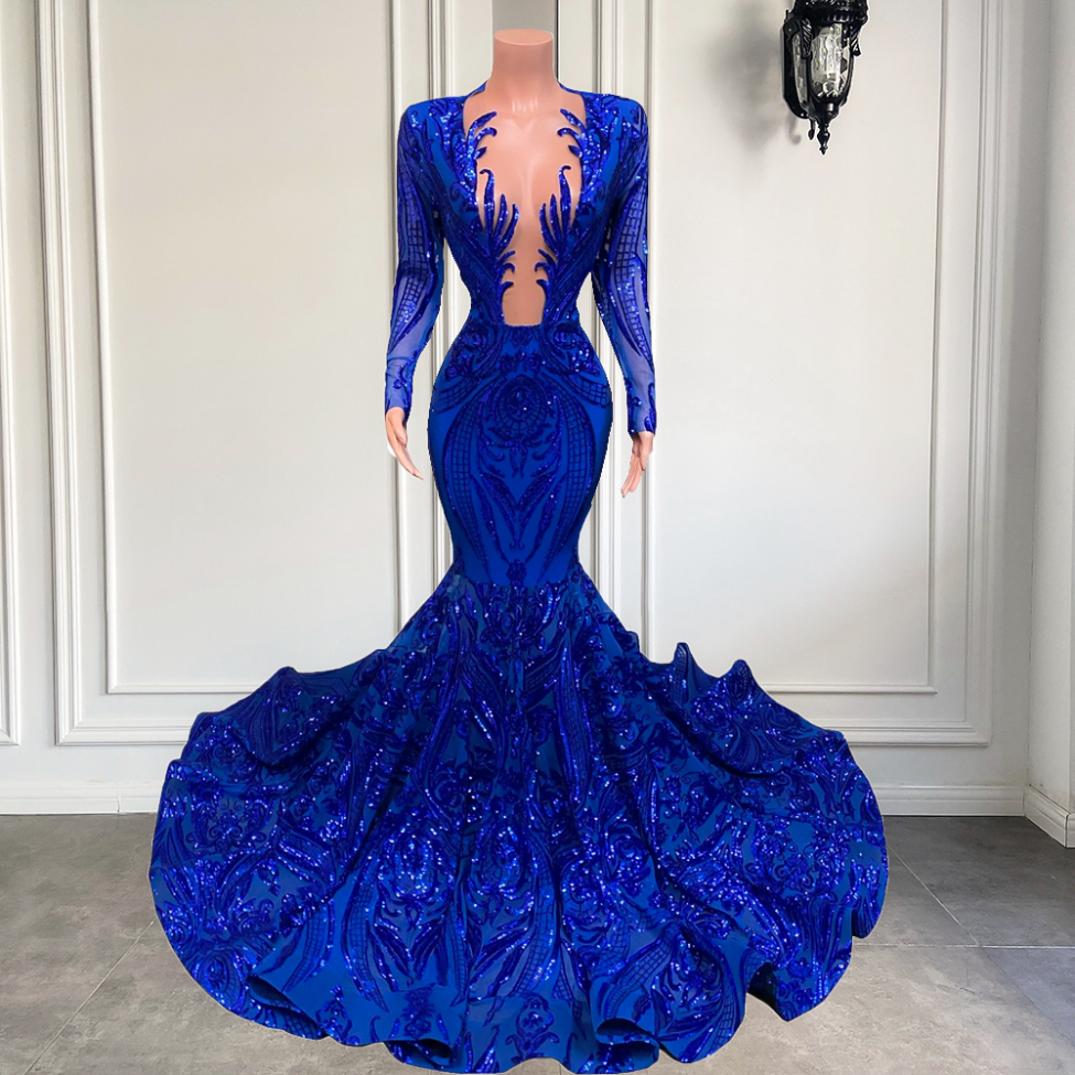 

Elegant Prom Dresses 2022 Long Sleeve Sheer O-neck Mermaid Style Royal Blue Sequin African Black Girls Evening Party Gowns, Same as pic
