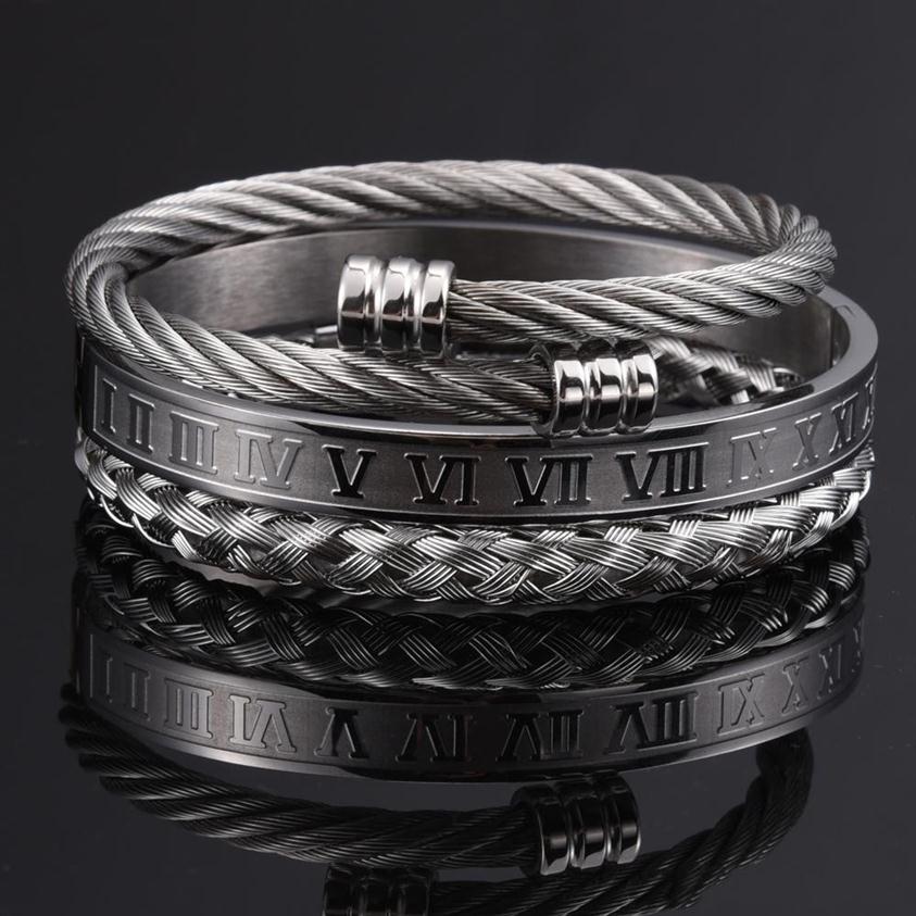 

2021 beautiful 3pcs/Set Roman Numeral Men Bracelet Handmade Stainless Steel Hemp Rope Buckle Open Bangles Pulseira Bileklik Luxury327F