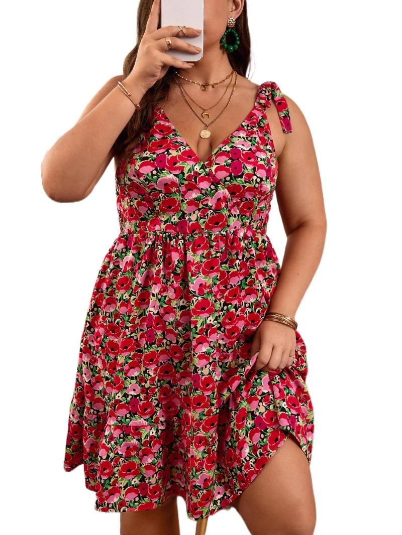 

Plus Size Dresses Allover Floral Print Knot Shoulder Cami Dress 33ES#Plus, Multicolor