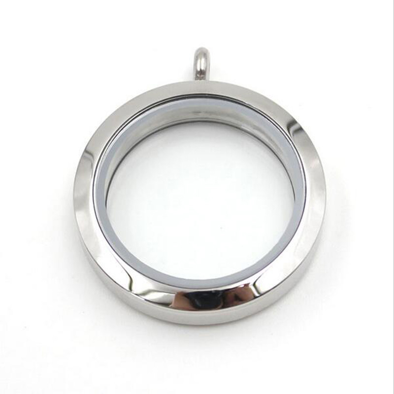 

Round Locket Pendant Necklace 30mm Glossy Stainless Steel Clear Glass Living Floating Memory Charms Stone Storage Souvenir