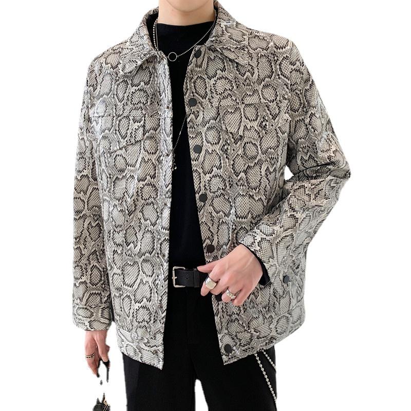 

Men's Jackets Men Vintage Fashion Loose Casual Snake Print Leather Motorcycle Jacket Overcoat Male Korean Streetwear Chic Coat OuterwearMen', Snake 1975