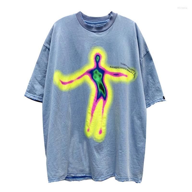 

Men's T-Shirts High Street T-shirt Men Colorful Illusion Portrait Print Women Vintage Loose Tee Oversized Hip Hop Streetwear SummerMen's Tri, Blue