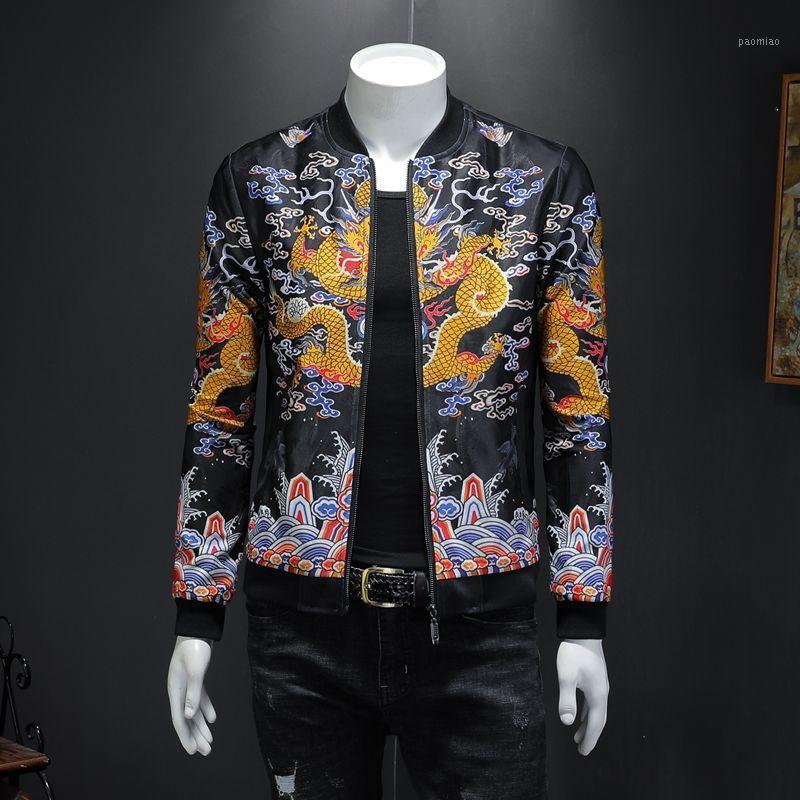 Men's Jackets Chinese Style Hip Hop Bomber Jacket Men Clothing 2022 Autumn Dragon Print Vintage Coat M-5XL Mens Streetwear