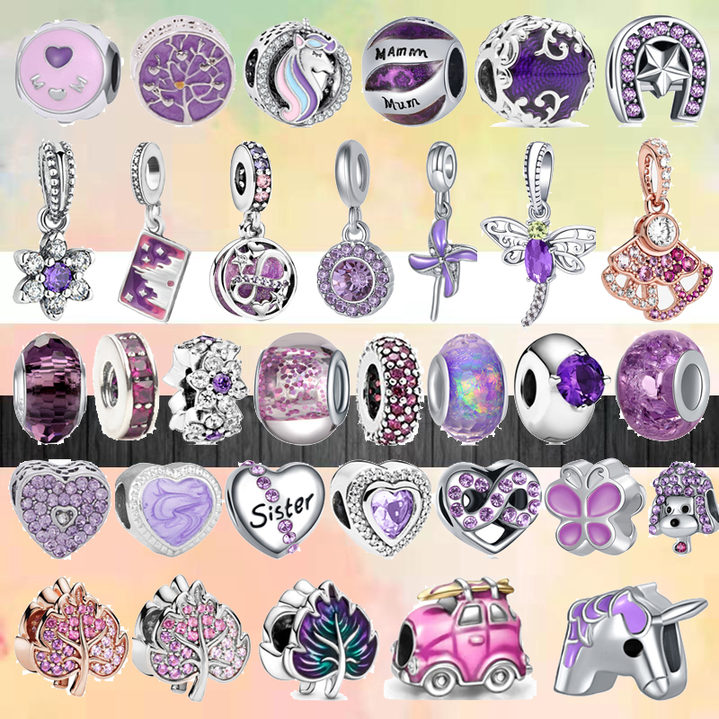 925 Sterling Silver Dangle Charm New Cute Purple Series Mom Sister Butterfly Dog Unicorn Beads Bead Fit Charms Bracelet DIY Jewelry Accessories