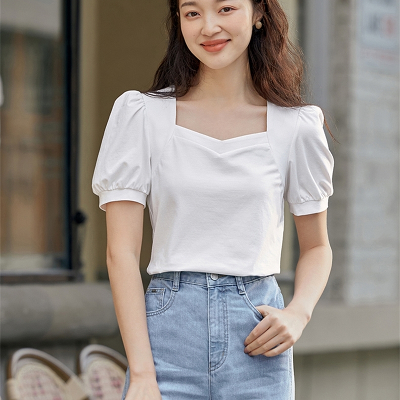 

INMAN Womens Tshirt Elegant Fashion Woman Blouses Square Collar Clothes Short Puff Sleeve Pure Color Top Women 220527, White