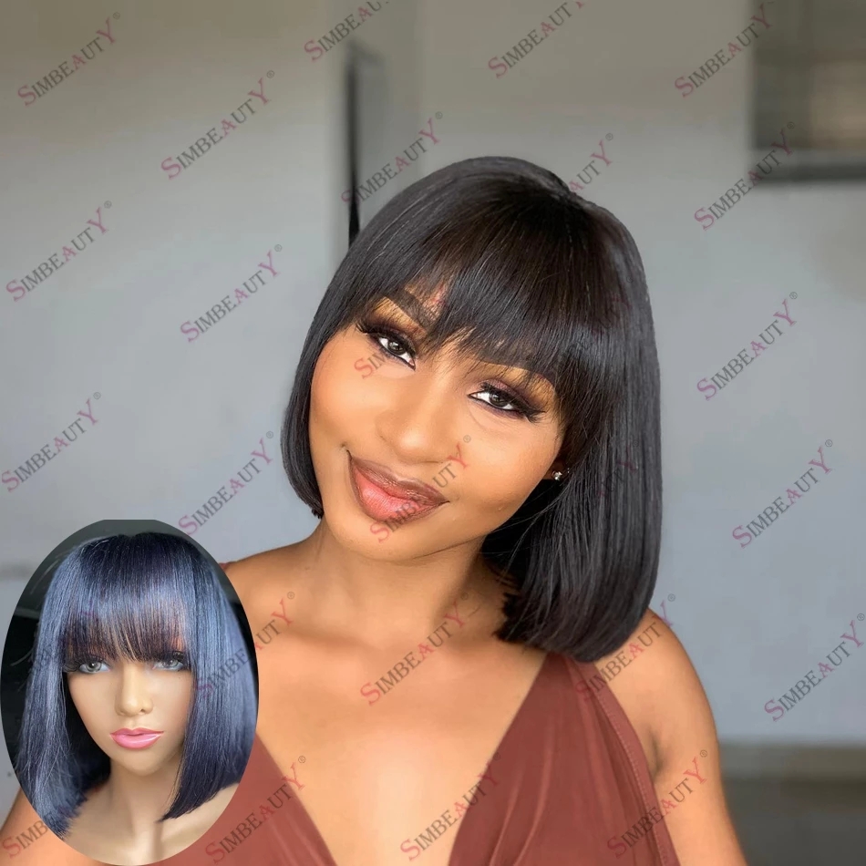 

Silky Straight Human Hair Cheaps Machine Made Fringe Wigs Short Bob 180 Density Smooth Hairs Brazilian Wigs, As picture color