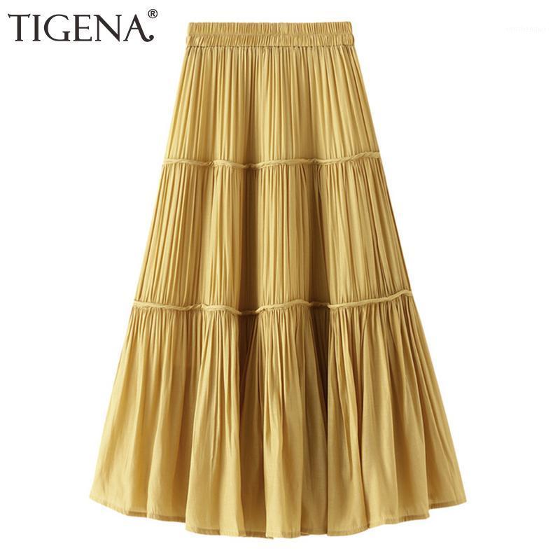 

Summer Vintage Midi Long Pleated Skirt Women Casual Solid Chiffon A Line High Waist Mid-length Female Yellow Skirts, Black