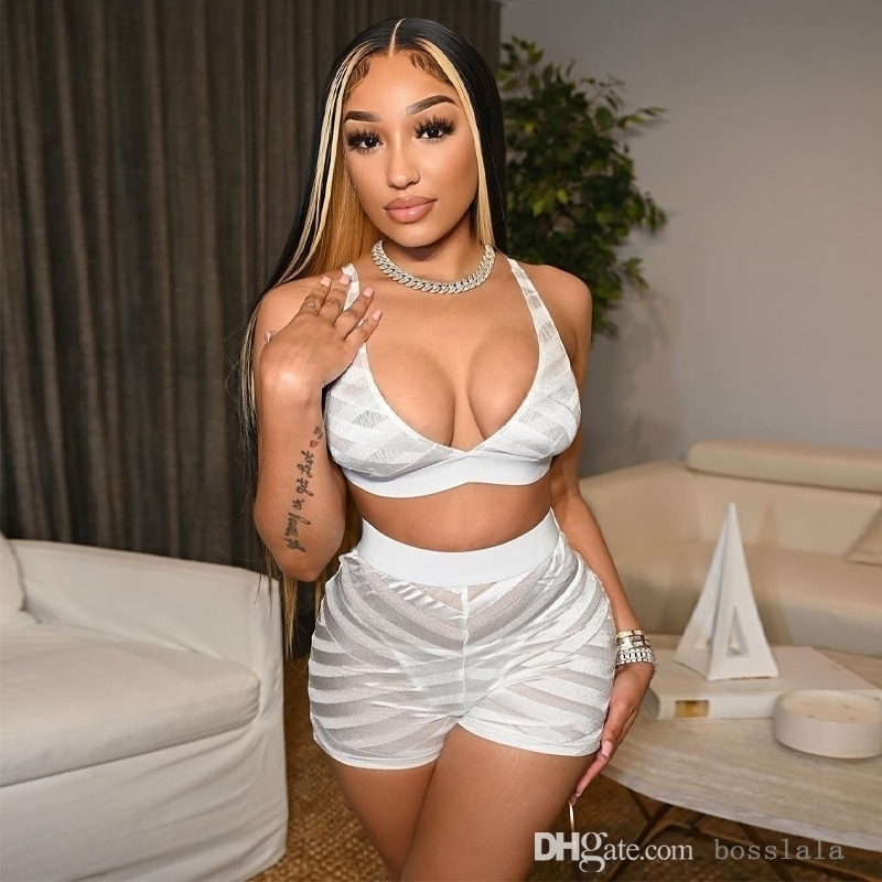 

2022 Designer Mesh Stitching Tracksuits Summer Sexy V-Neck Women Bar Vest And Shorts Two Piece Set Outfits, Wine