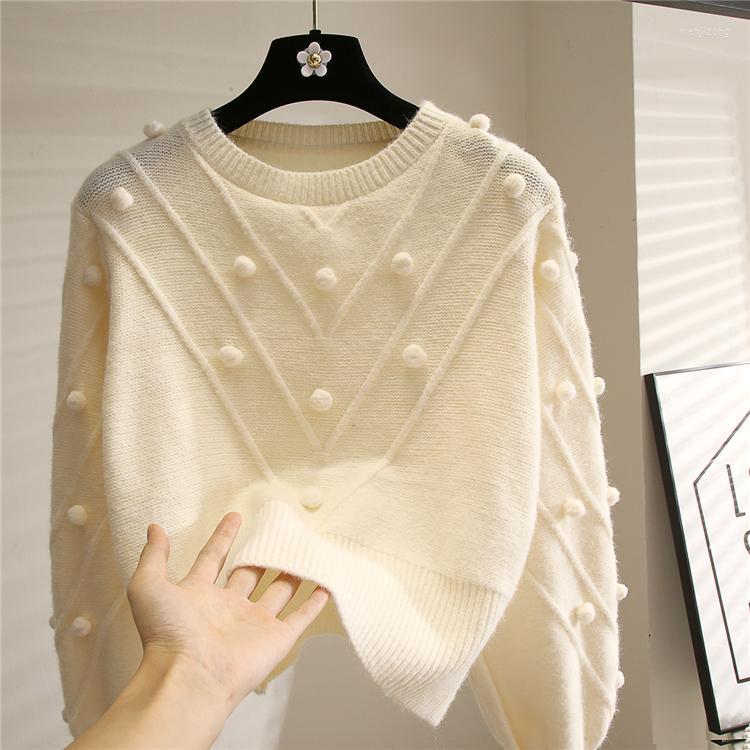 

Women' Sweaters 2022 Autumn Winter Loose Sweater Fur Ball Spliced High Quality Knitwear Long Sleeve Vintage Knit Pullovers Lady, Chocolate color