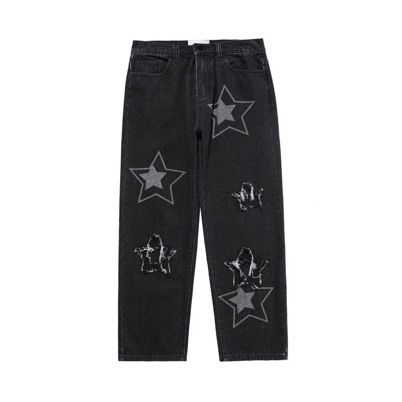

Men's Jeans Y2k Men Star Printed Trousers Autumn Korean Fashion Gothic High Street Style Loose Casual Slim Straight Wide-leg PantsMen's Men', Black