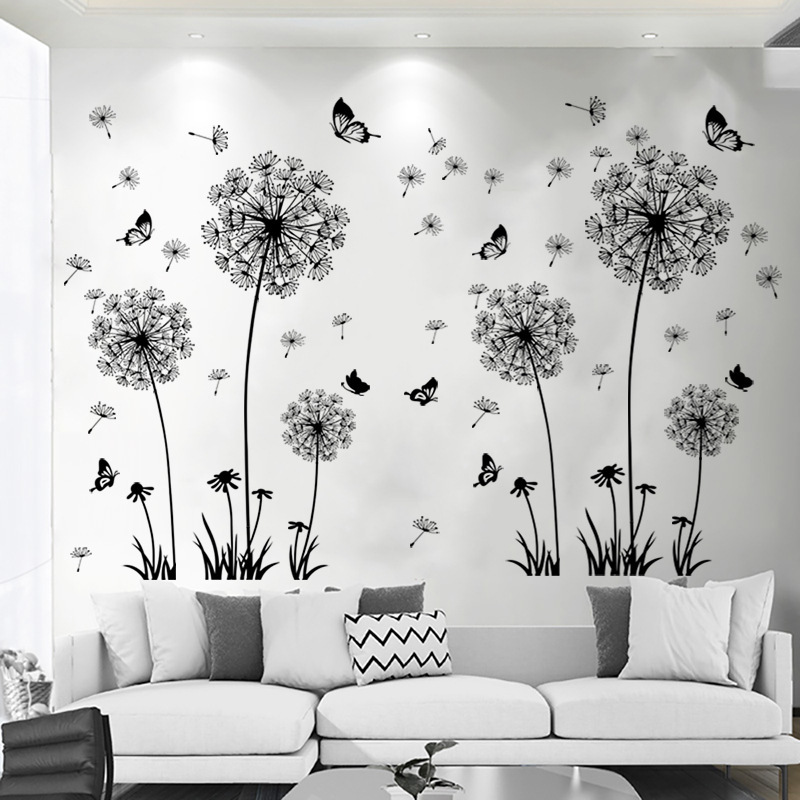 Black Dandelion Wall Sticker Butterflies on The Wall Living Room Bedroom Window Decoration Art Decals Home Decor Stickers Muraux-image-775859186