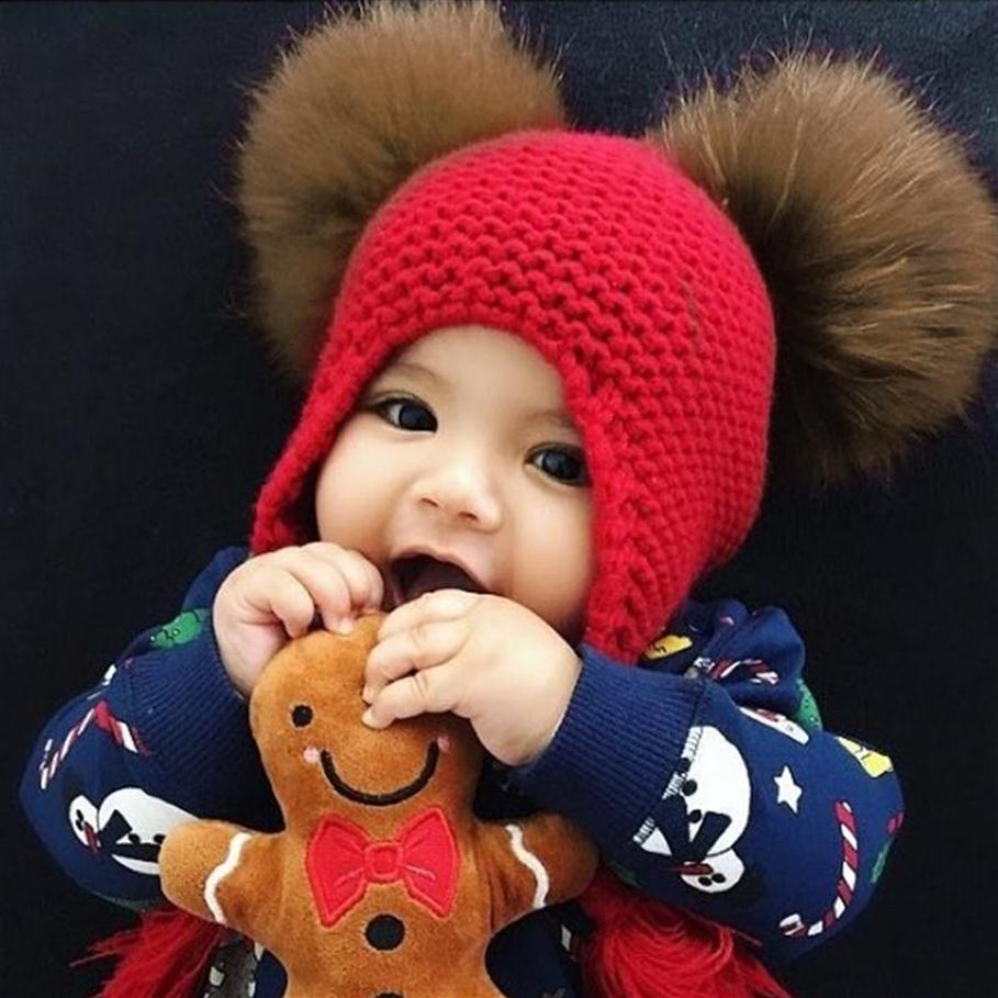 

Kids Wool Knit Real Fur Pom Pom Hat Baby Girls Boys Crochet Earflap Winter Hat Beanie Real Raccoon Fur Pompom For Children2731, Sky blue