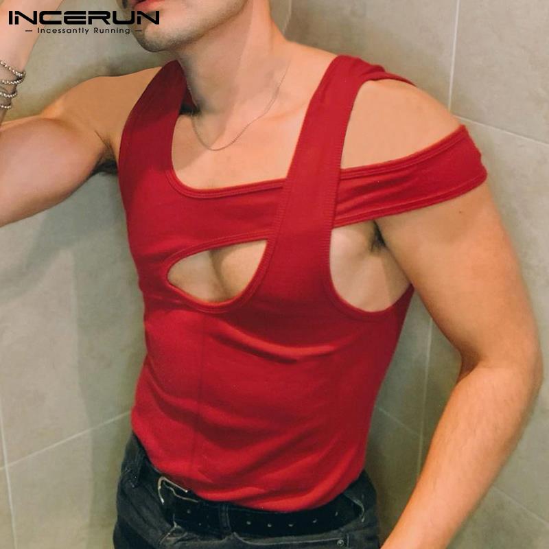 

Men Irregular Tank Tops Solid Color Sleeveless Streetwear Hollow Out Casual Vests Breathable Sexy Clothing 7, Red