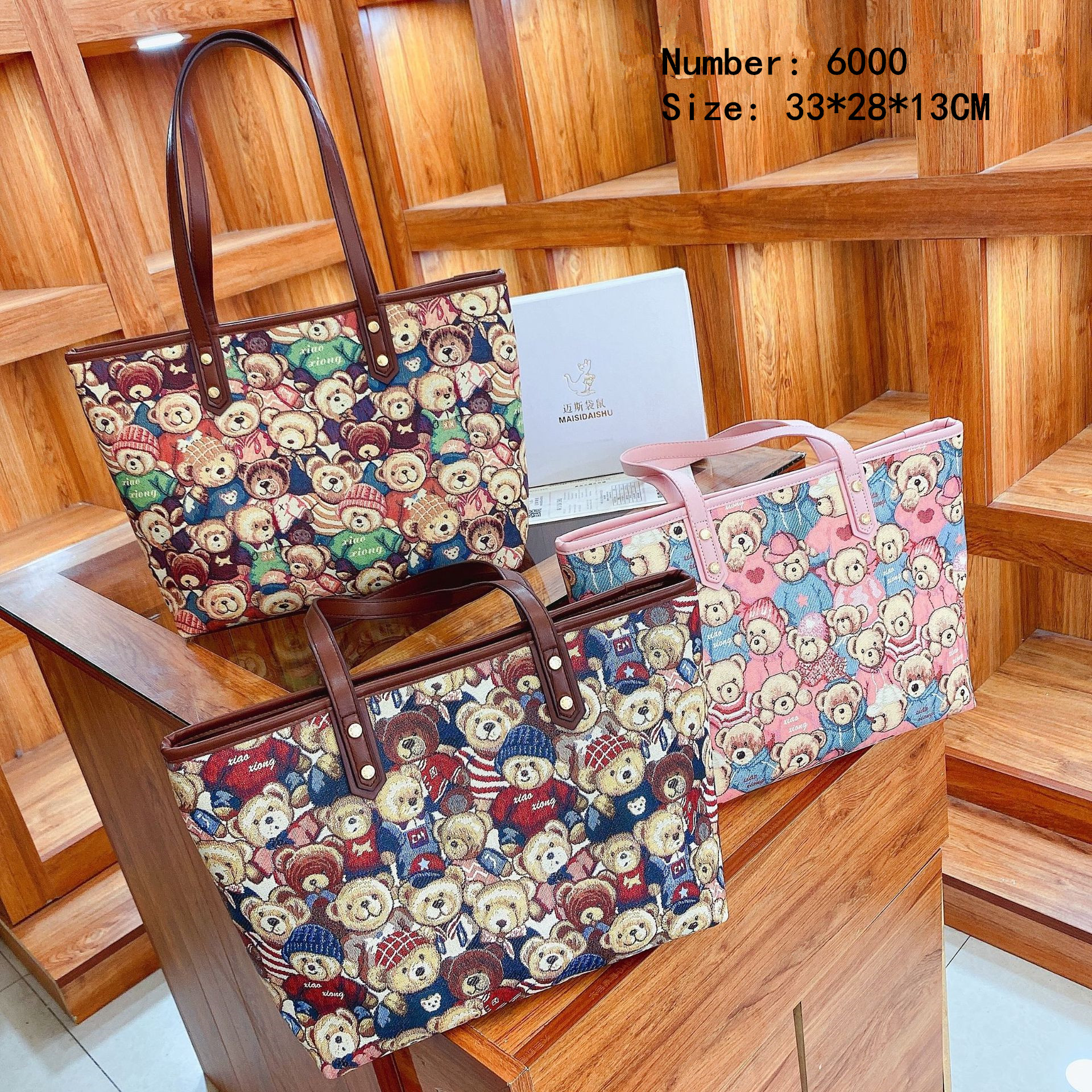 

Wholesale factory leather shoulder bags sweet cute cartoon bear canvas tote bag large capacity light leisure shopping handbag simple Joker embroidered handbags