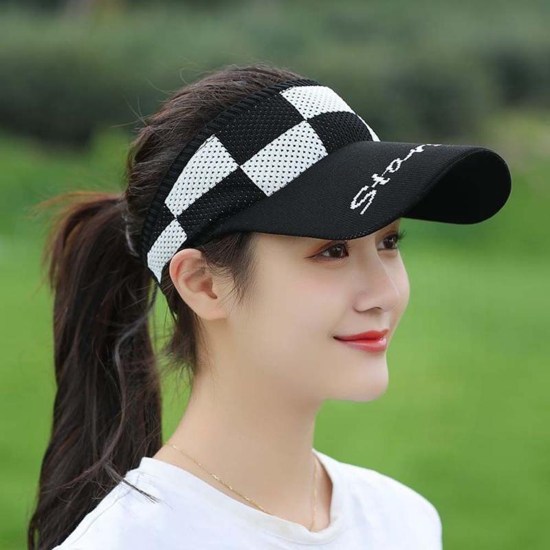 

Wide Brim Hats Checkerboard Plaid Empty Top Sun Hat Women Summer Protection Outdoor Sports Baseball Cap Knitted Elastic HatWide, Black